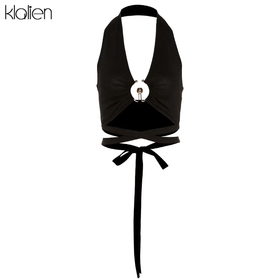 KLALIEN Summer Sexy Hollow Out Backless Bandage Solid Rib Knit Women Tank Top 2021 New Simple Casual Skinny Basic Female Vest