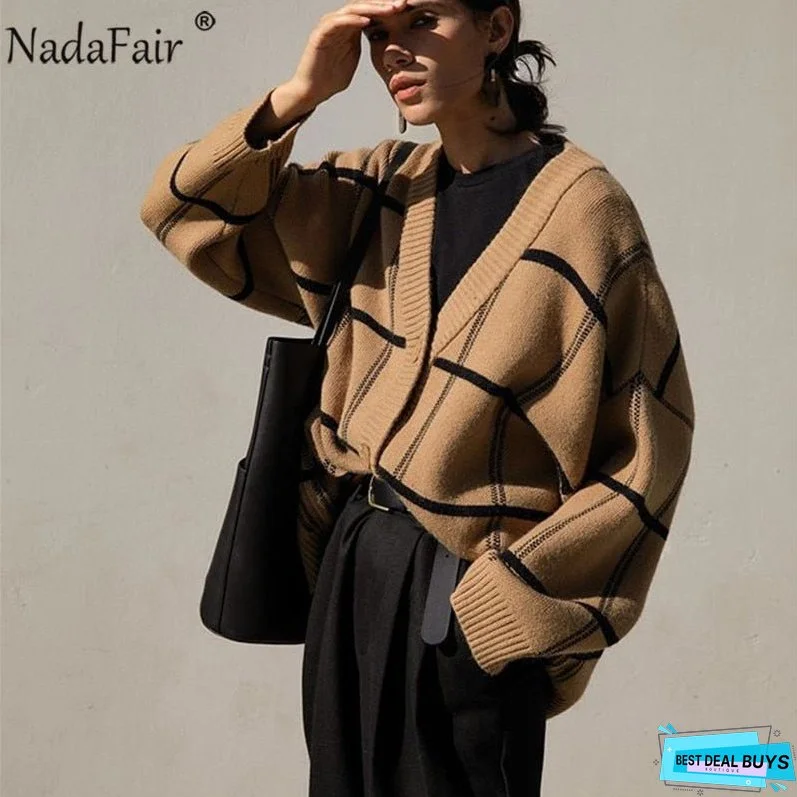 Christmas Gift Nadafair Plaid Cardigans Women V Neck Vintage Knitted Pullover Autumn Jumpers Winter Oversized Cardigan Ladies Sweaters Top Y2K