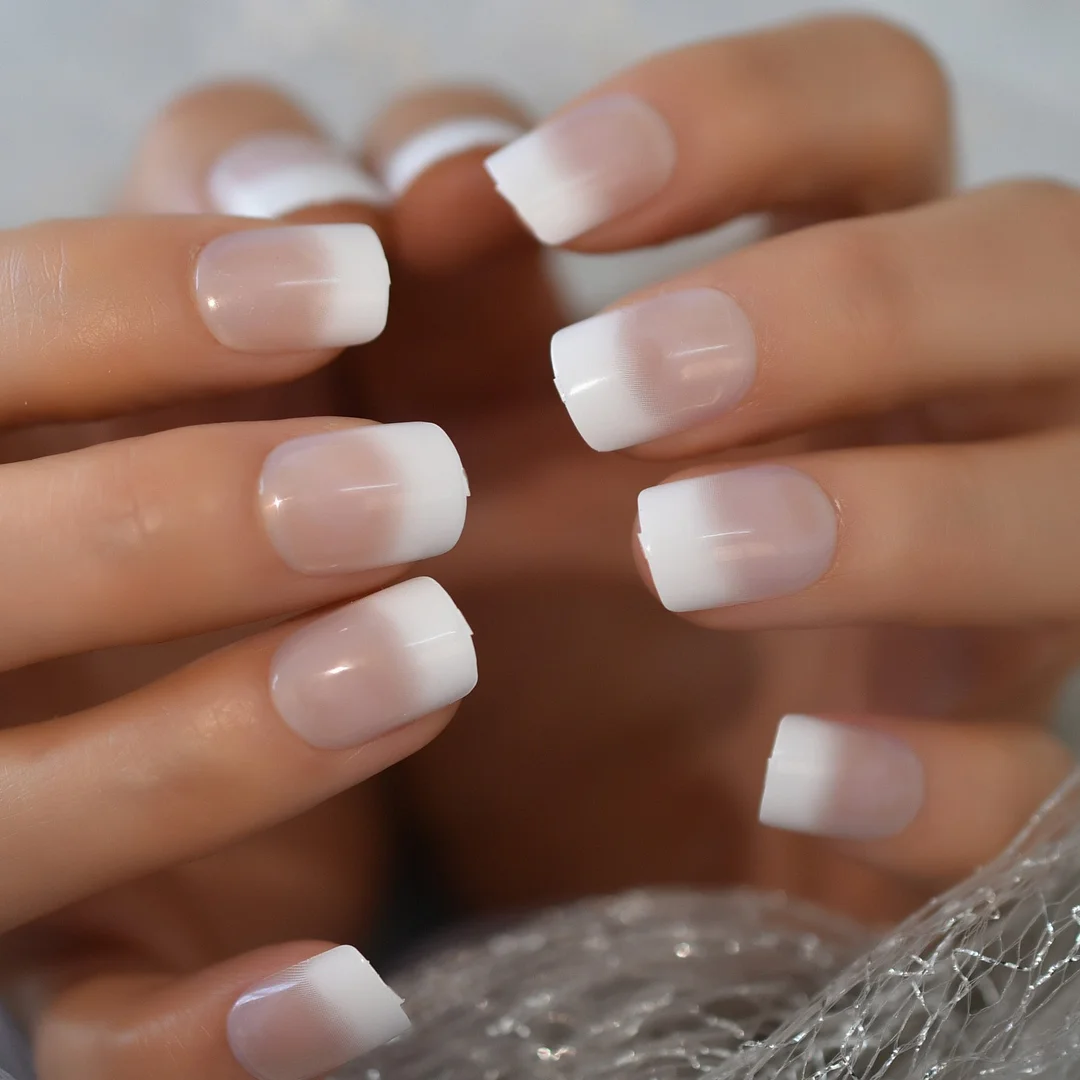 French Manicure 24 Units Faux Ongles Short Squoval Rose Mixed Milky White Press On Nail Large