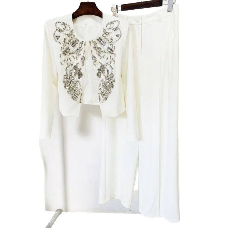 Nigikala Nigikala New Fashion Round Neck Heavy Industry Nail Beads Short Jacket Broad Leg Trousers Set Two Sets