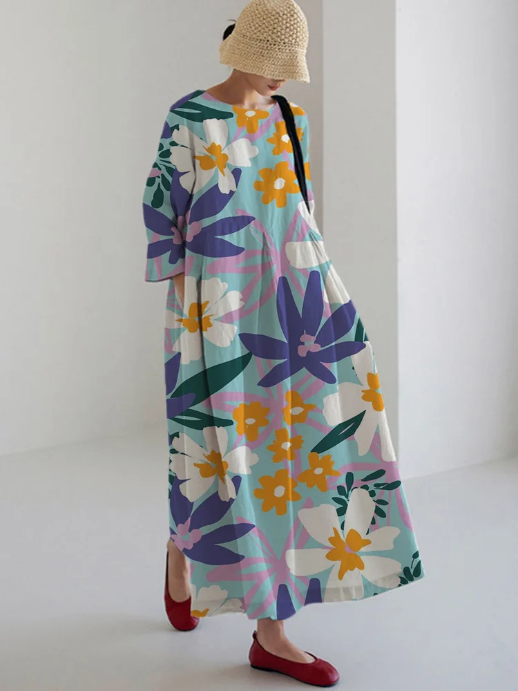 Women's Casual Beautiful Flory Print Long Sleeve Midi Dress