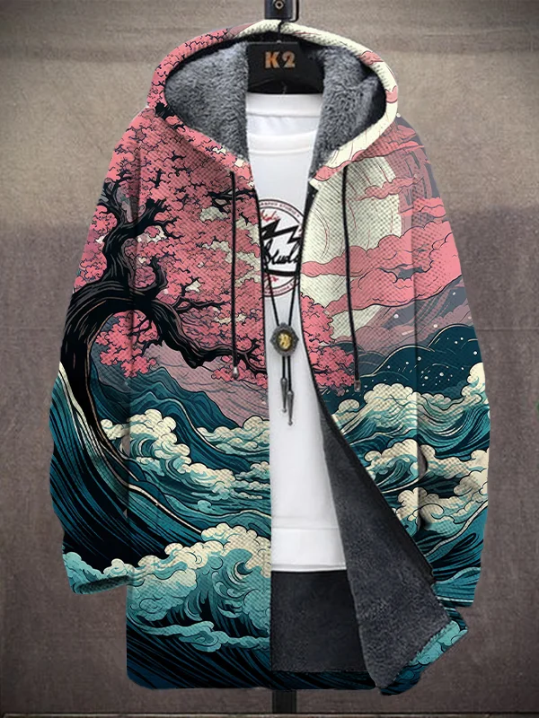 Men's Cherry Trees And Waves In The Moonlight Japan Art Print Hooded Trench Coat