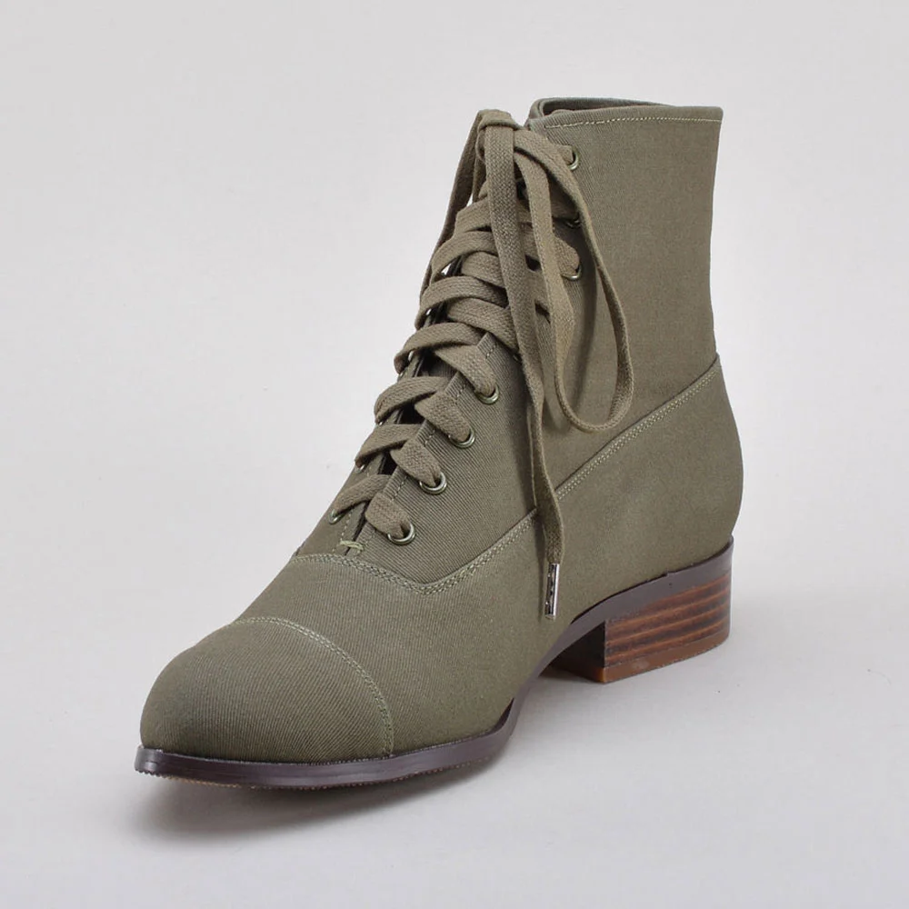 Olive Canvas Round Toe Stacked Heel Lace-Up Booties for Women