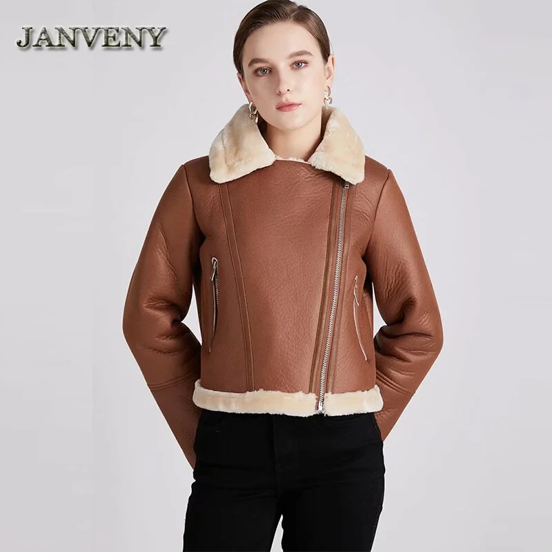 Woherb 2022 Autumn Winter Fur Faux Leather Cropped Jacket Coat Women Long Sleeve Thicken Warm Shorr Lambswool Parka Streetwear