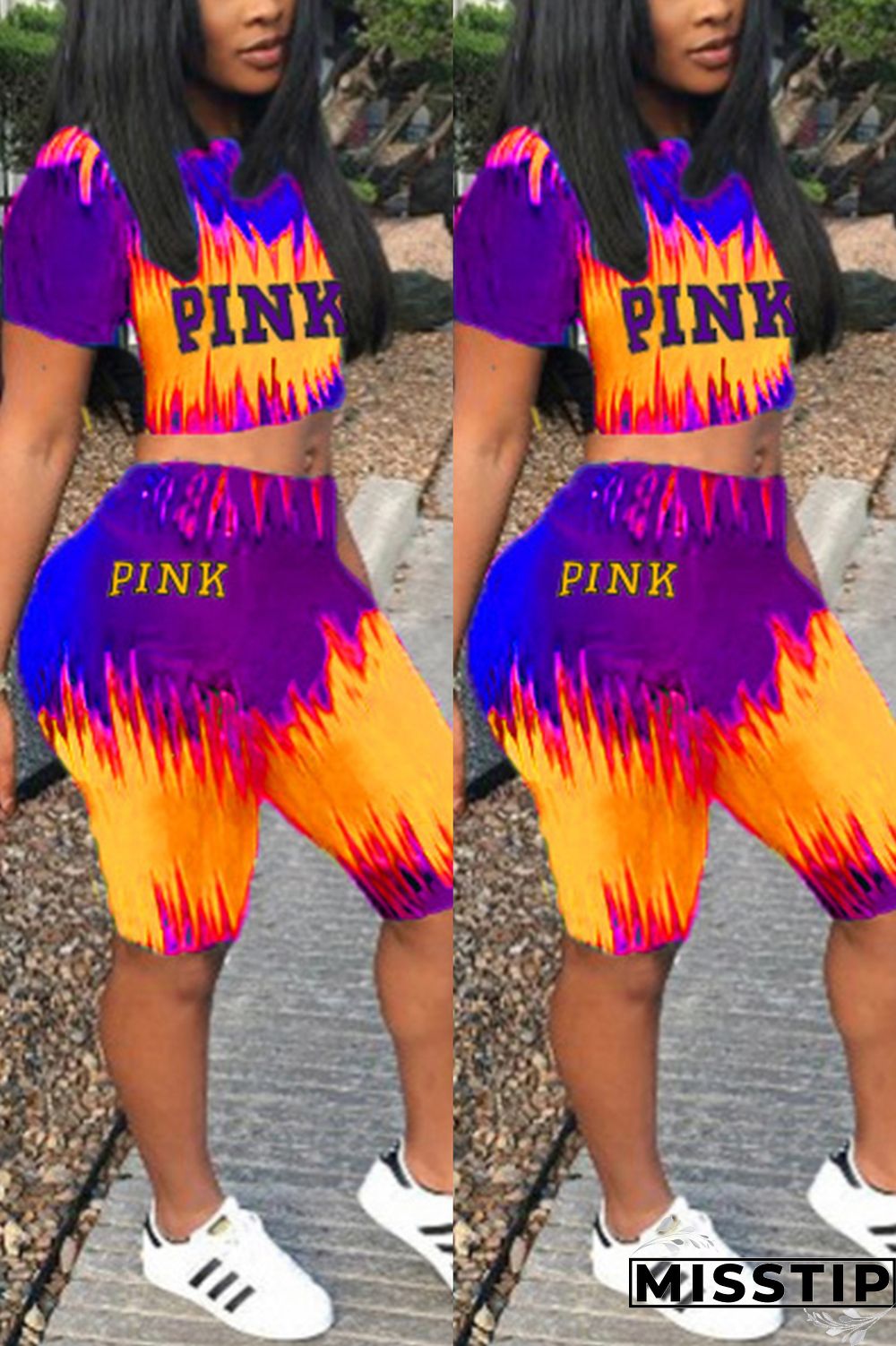Pink Fashion Casual Sportswear Short Sleeve O Neck Regular Sleeve Short Print Two Pieces