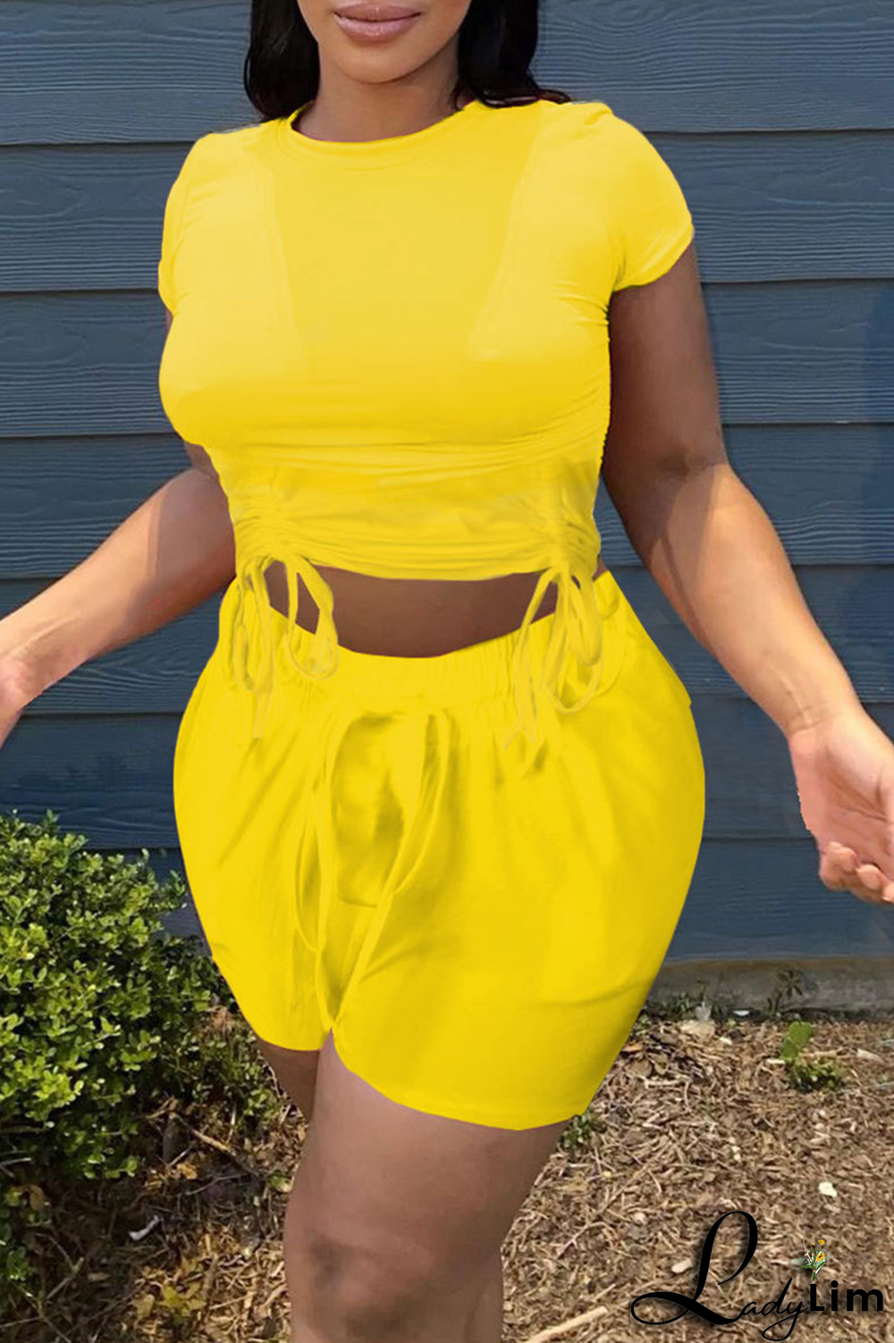 Rose Red Fashion Solid Draw String O Neck Short Sleeve Two Pieces