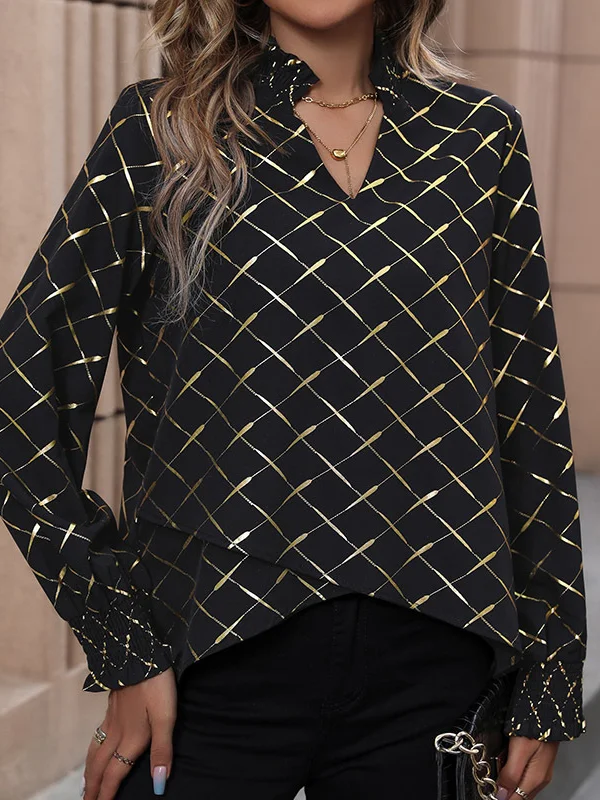Bronzing Contrast Color High-Low Wrap High-Neck Blouses&Shirts Tops