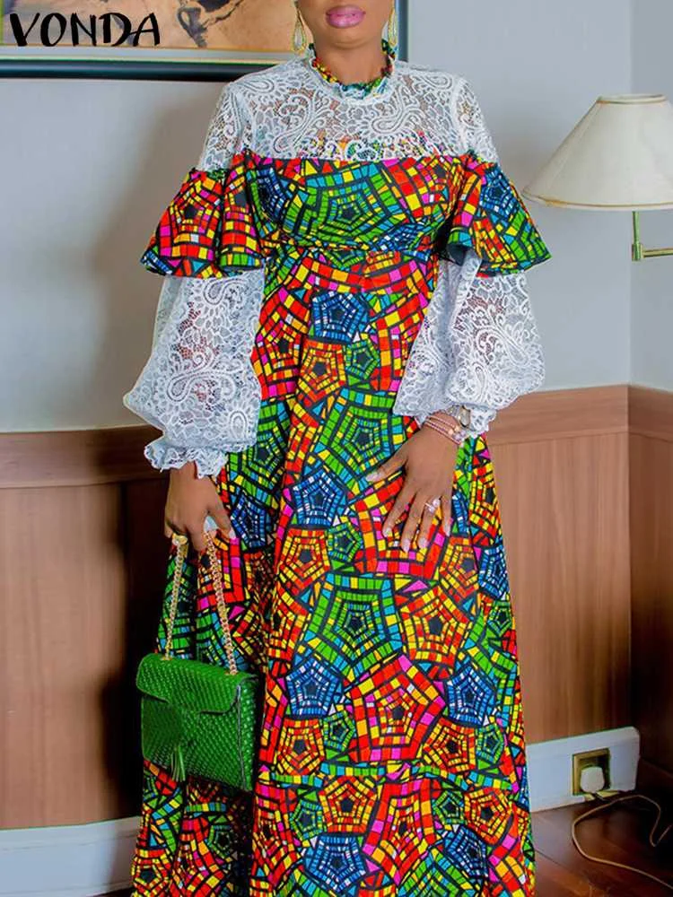 VONDA Evening Party Dress 2022 Summer High Neck Women Long Sleeve Lace Patchwork Vintage Printed Bohemian Pleated Maxi Dresses