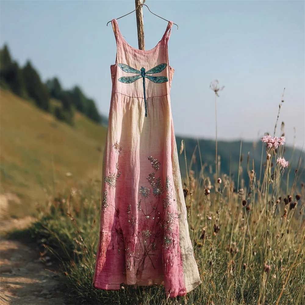 Boho Dragonfly & Dandelion Embroidery Women's Camisole Maxi Dress