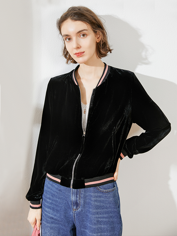 Classic Silk Velvet Short Jacket With Zipper For Women-Real Silk Life