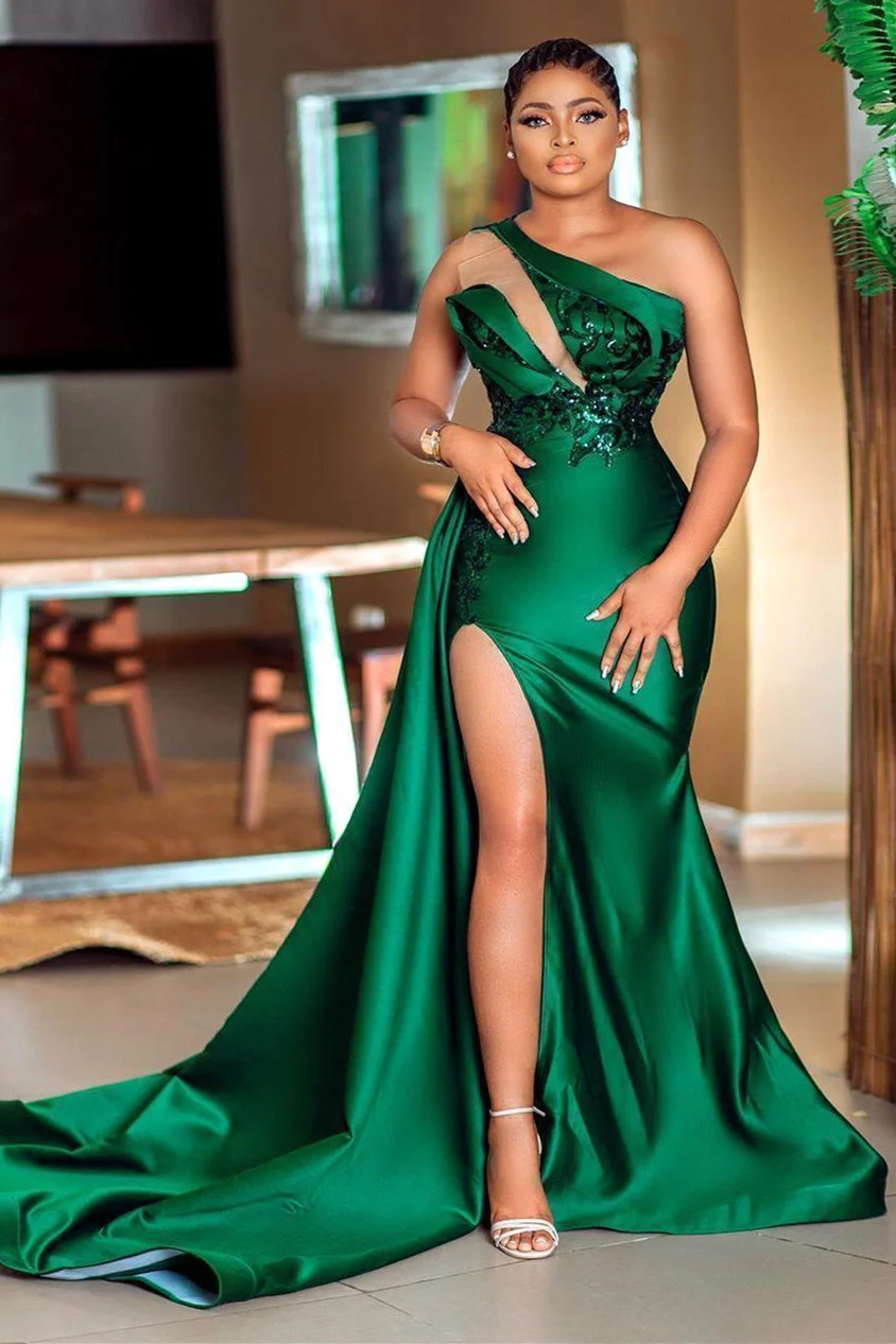 Green One-Shoulder Mermaid Sequins Prom Dress With Split PD0738