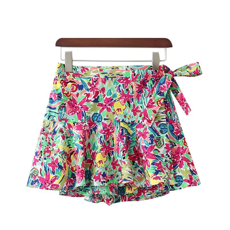KPYTOMOA Women Chic Fashion Floral Print Bow Tie Shorts Skirts Vintage Elastic Waist Side Zipper Female Short Pants Pantalones