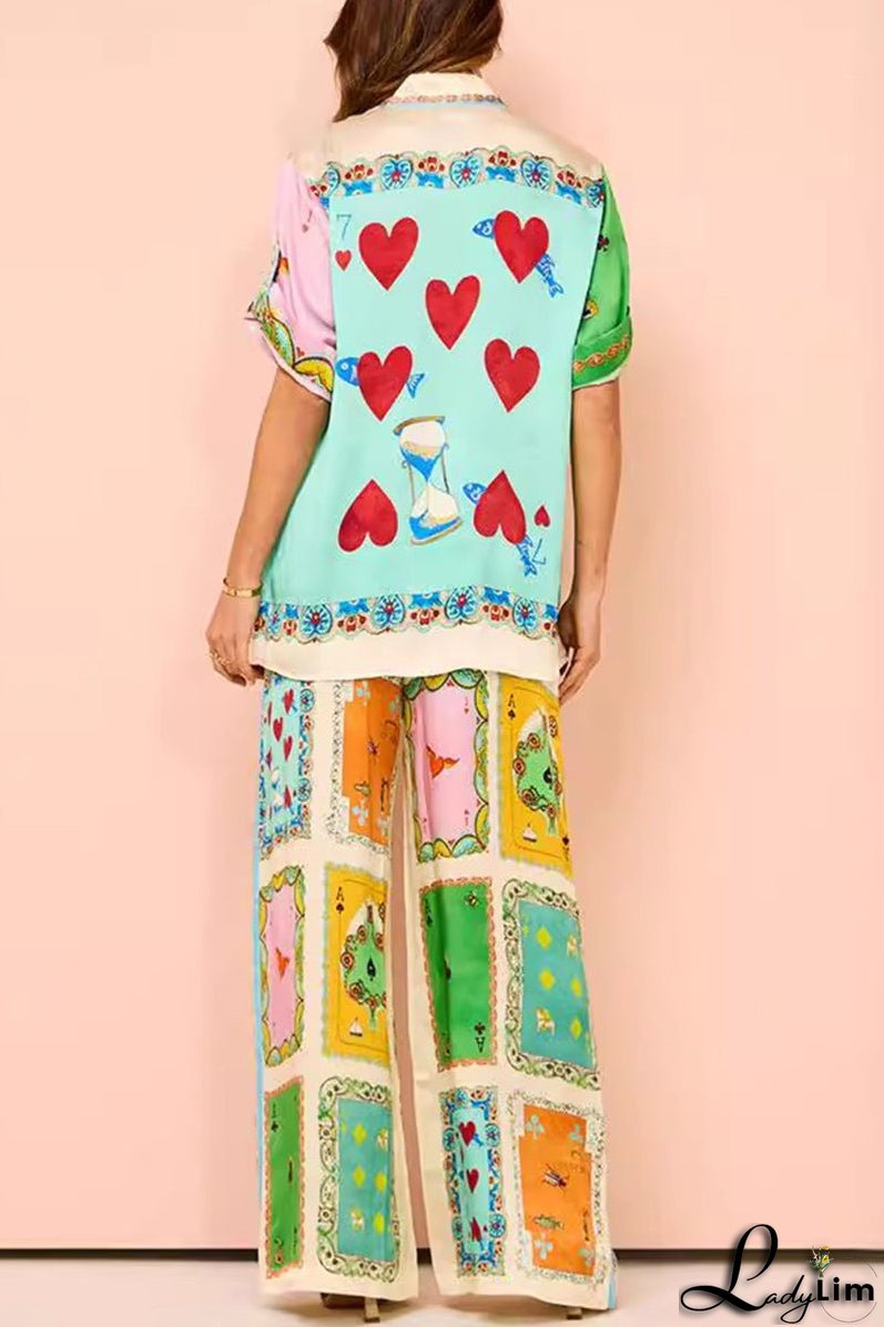 Casual Street Digital Letter Print Contrast Turndown Collar Short Sleeve Two Pieces