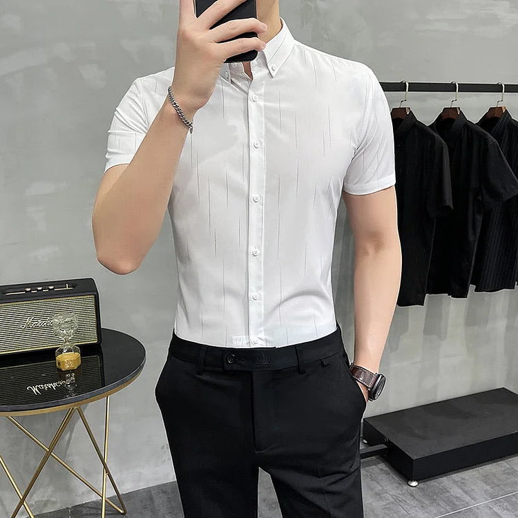 Men's Shirt Vertical Stripe Printed Slim-Fit Short-Sleeved Shirt