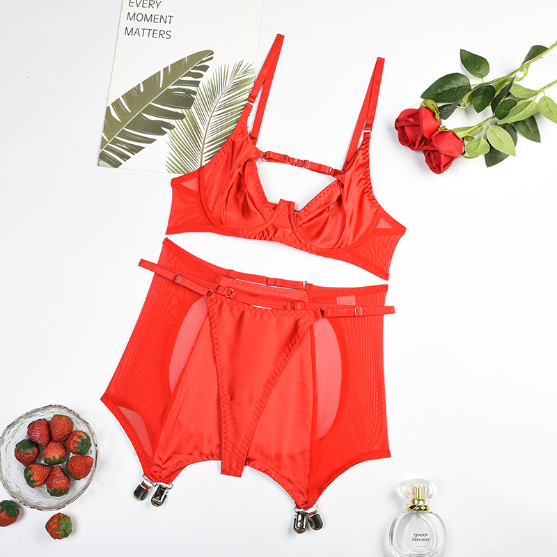 Lovingerie - Mesh Splicing Milk Silk Push up Sexy Lingerie Three-Piece Set