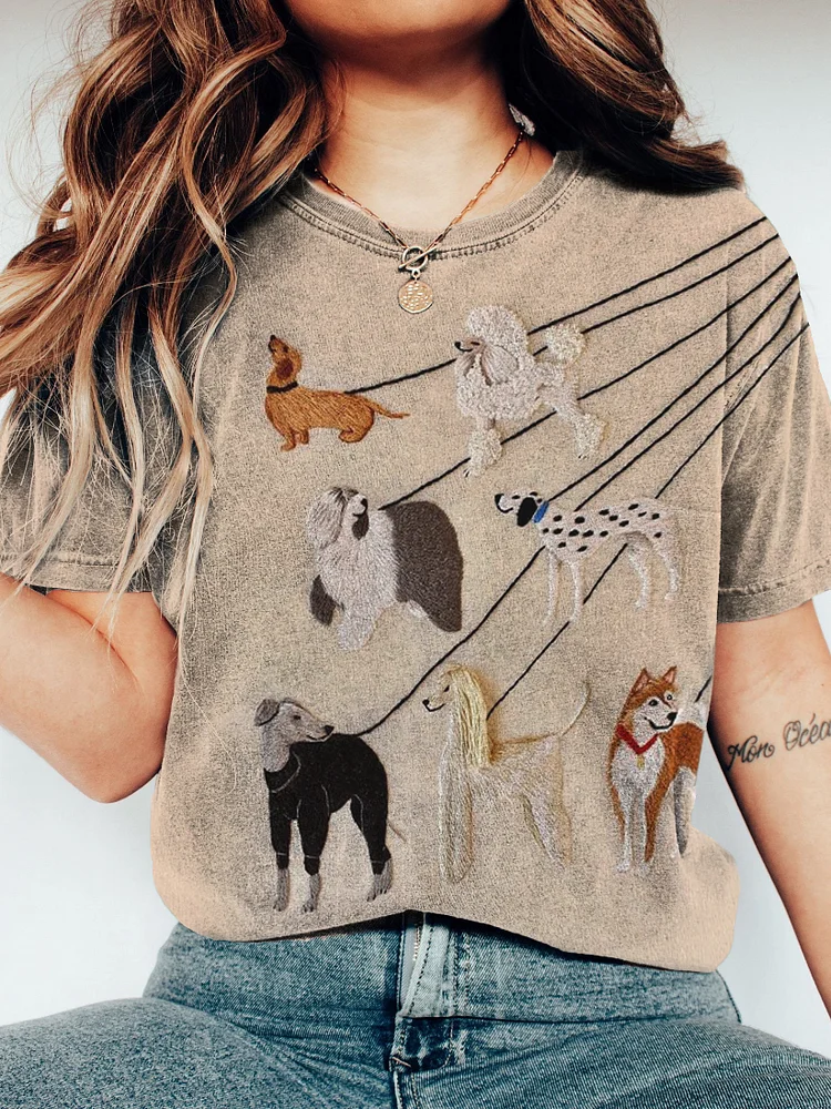 Women's Walking Dogs Art Print Casual T-Shirt