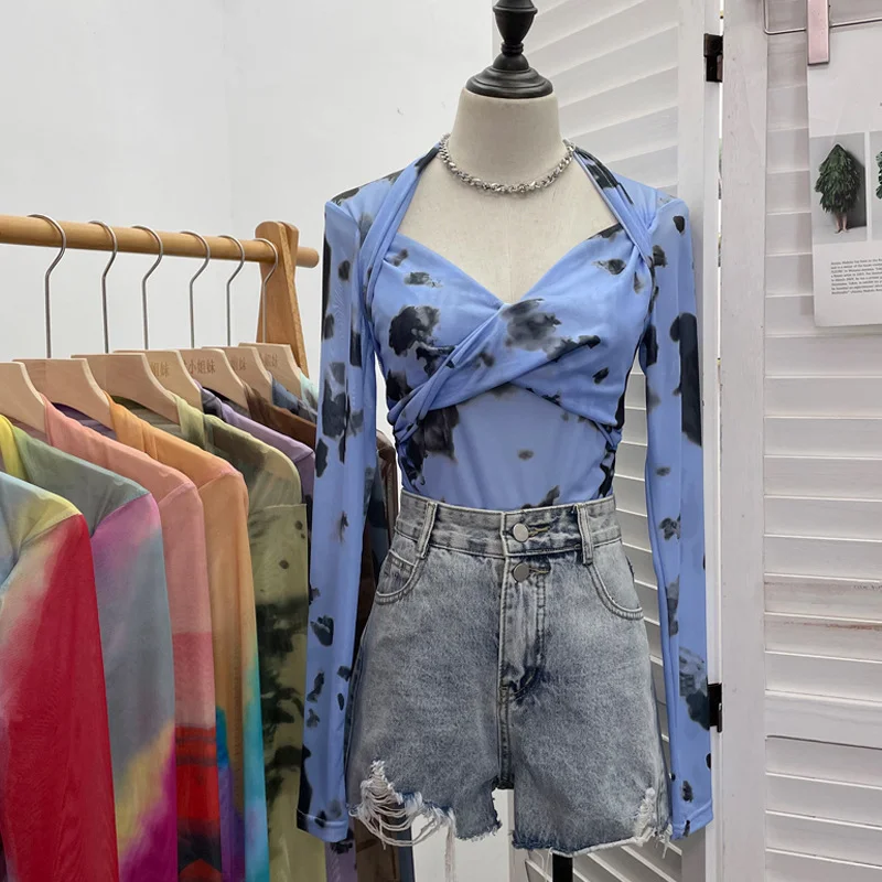 Uveng Explosion Tie-Dye-Print Long Sleeve Bottom Sexy Hottie V-Neck T-Shirt Folded Slimming Mesh Yarn Top 8929