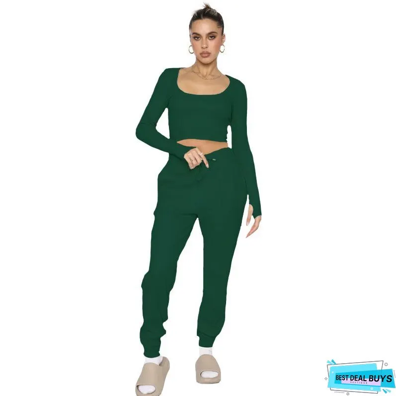 Waffle Solid Necks Long Sleeve Pants Sets Women Cropped Tops High Waist Trouser Pieces