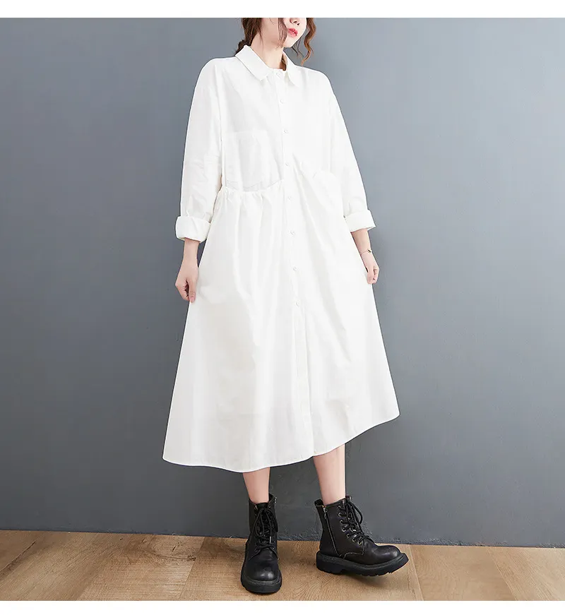 Side Drawstring Solid Color Shirt Midi Dress
