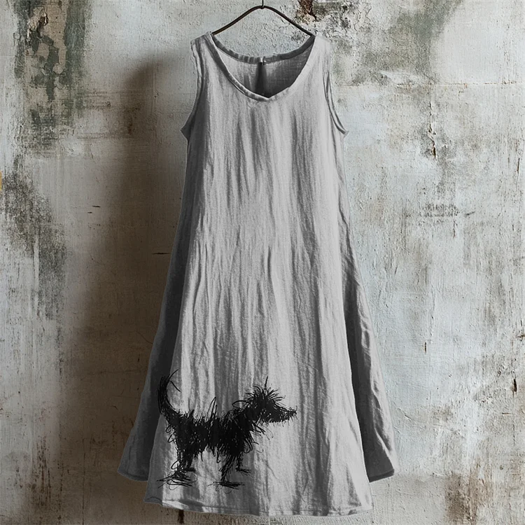 VChics Fuzzy Dog Line Painting Linen Tank Dress