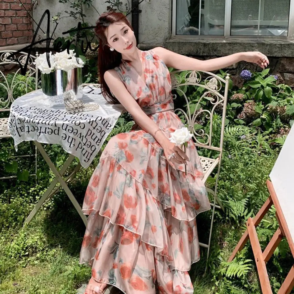 French Vintage Backless Beach Dress Women Summer Elegant Print Halterneck V-Neck Long Cake Dress Sexy Holiday Dress Aiertu