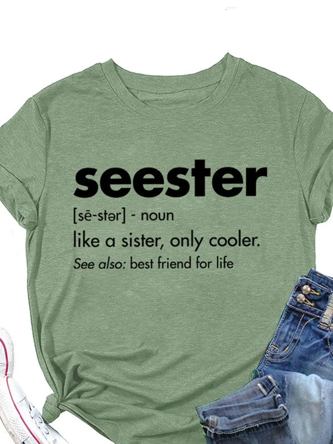 Women‘s Seester Lettered Print Loose Round Neck Short  Tee