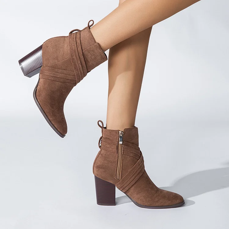 Women's Winter Suede Block Heel Pointed Toe Ankle Boots  Stunahome.com