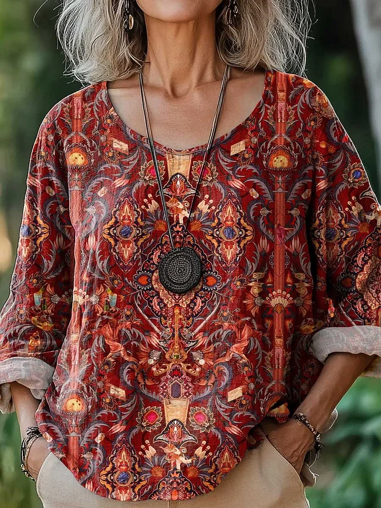 Women's Vintage Lovely Floral Art Print Casual Cotton And Linen Shirt