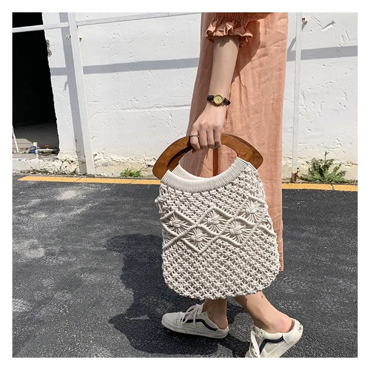 vintage wooden handle rattan women handbags wicker woven hollow lady large tote casual summer beach straw bag travel big purses