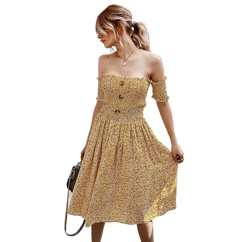 Yellow Button Detail Casual Floral Dress