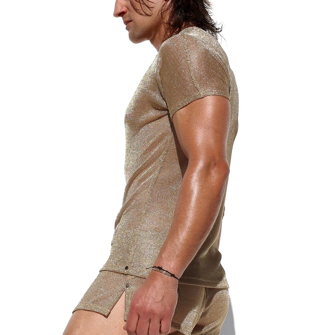 Men's Shiny Striped Loose Short-sleeved Crew Neck Top-inspireuse