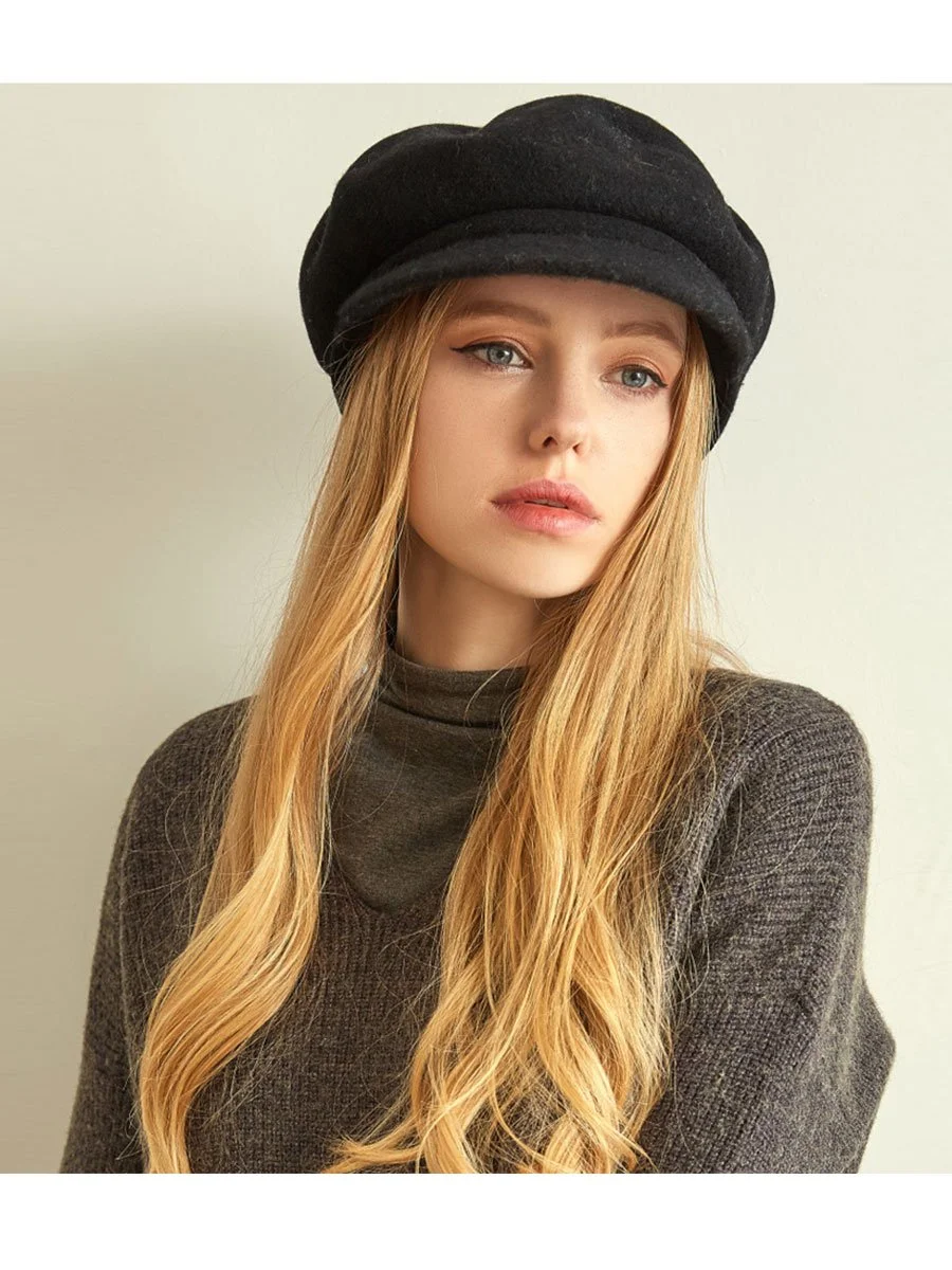 Beret Hat Winter Solid Color Thick Wool Cap