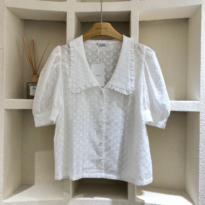 Summer New 2021 Doll Collar Solid Casual Shirt Short Sleeve Loose Women Tops Sweet Hollow Flower Lace Blouse Puff Sleeve 13919