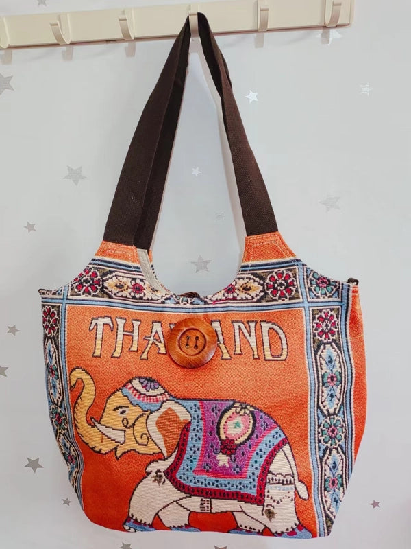 Women’s Large Canvas Elephant Ethnic Style Square Zipper Shoulder Bag