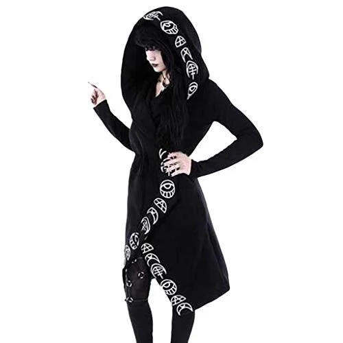 Women Long Sleeve Punk Moon Print Hooded Black Cardigan Jacket Coat Plus Size (5XL, Black)