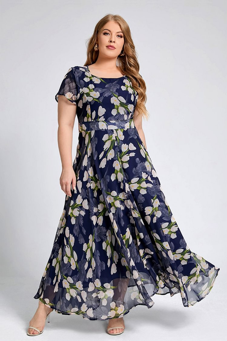Plus Size Casual Navy Blue Floral Print Short Sleeve A Line Tunic Maxi Dress  flycurvy [product_label]