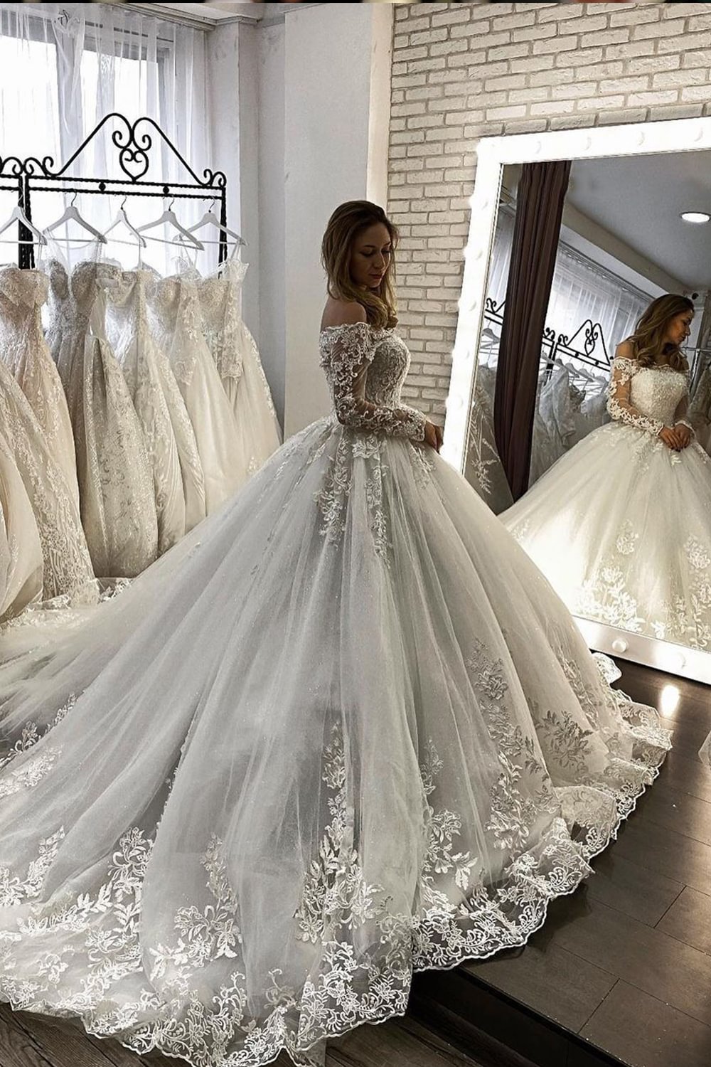 Chic Long Sleeves Off The Shoulder Illusion Ball Gown Wedding Dress With Appliques | Ballbellas Ballbellas