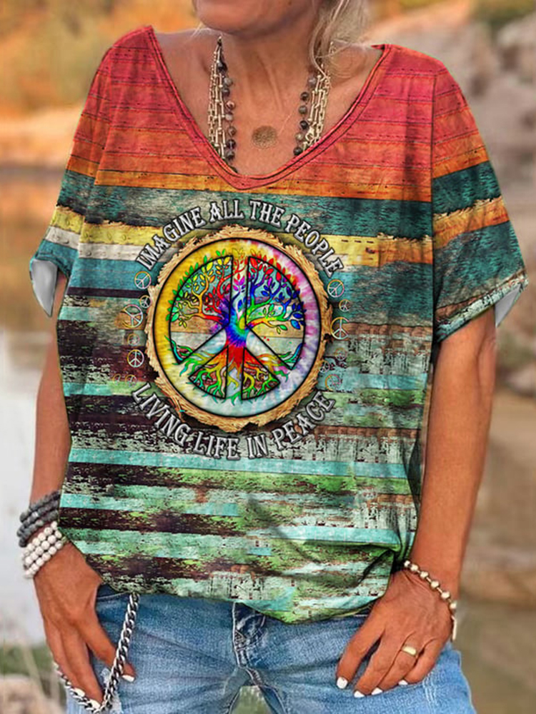 Comstylish Hippie Peace Imagine All The People Living Life Print T-Shirt