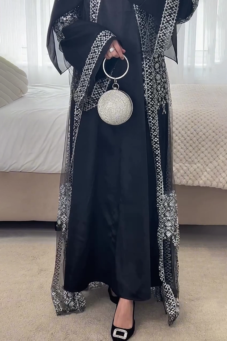 Long Sleeve Maxi Dresses Bronzing Print Mesh Abaya Party 2pcs Set [Pre Order]