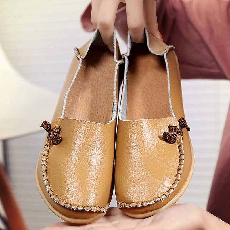 Women's Leather Shoes Flat Bottom Ladies Casual Mom Shoes Soft Loafers Women's Shallow Summer Comfort Flats Nursing Shoes Female