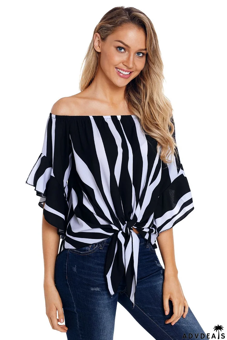 Off The Shoulder Vertical Black White Stripes Blouse