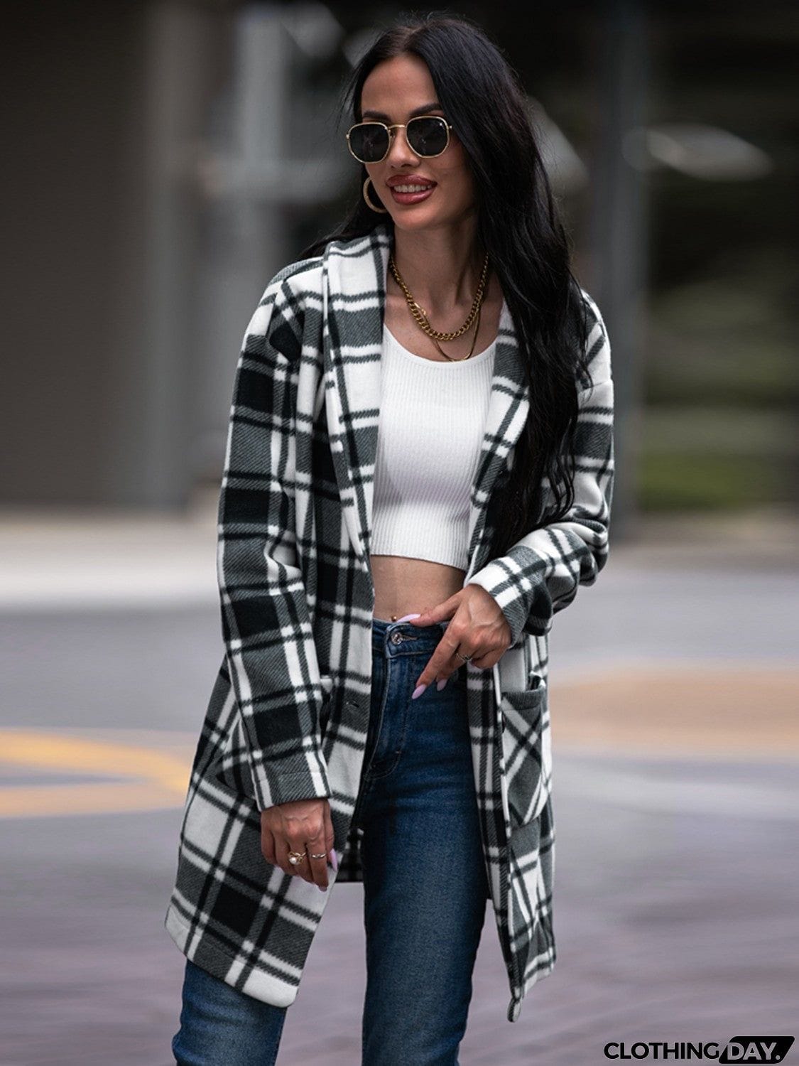 Plaid Shawl Collar Coat with Pockets
