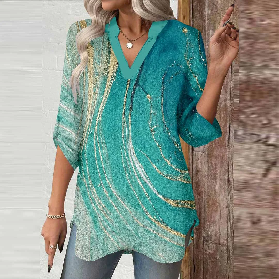 Women Texture, Green, Gold DZGA0694 3/4 Sleeve V-neck Printed Graphic Button Tops