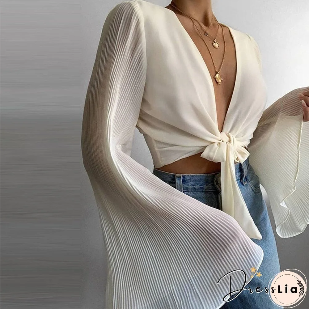 Spring Flare Long Sleeve Beach Shirts Blouse Solid Sexy Deep V Neck Women Shirt Blusas Summer Tie-Up Hollow Out Tops Streetwear
