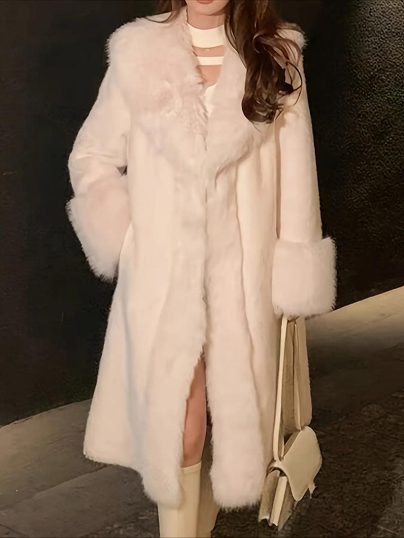 Women's Elegant White Faux Fur Coat High Quality Warm Winter Jacket Dual Purpose for Casual Formal Dinner Long Sleeve Soft Stylish Outerwear Pair with Statement Earrings Womenswear Tops Basic Minimalist winter clothes women winter coats women