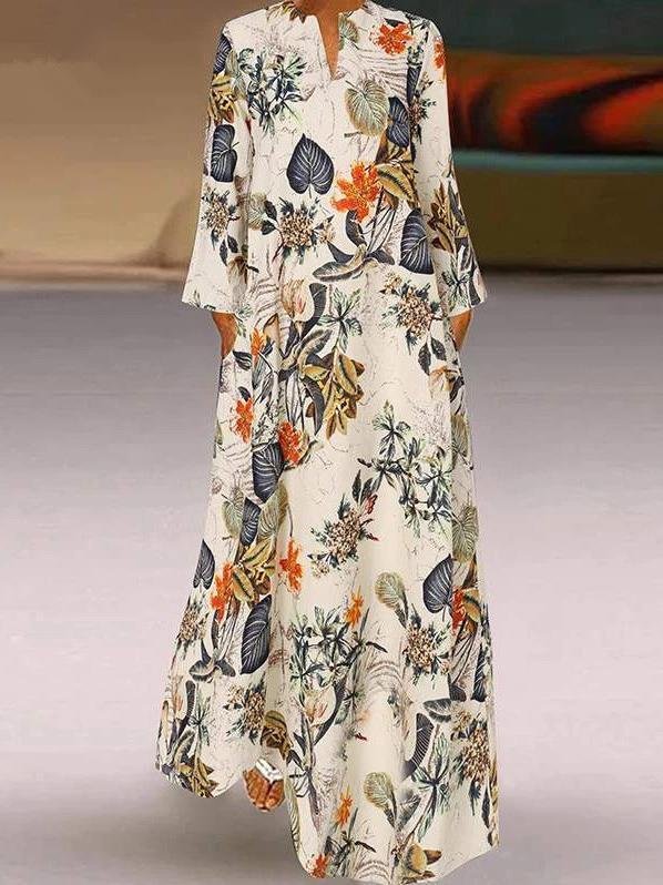 Ladies'V-neck Long Sleeve Floral Printed Maxi Dress