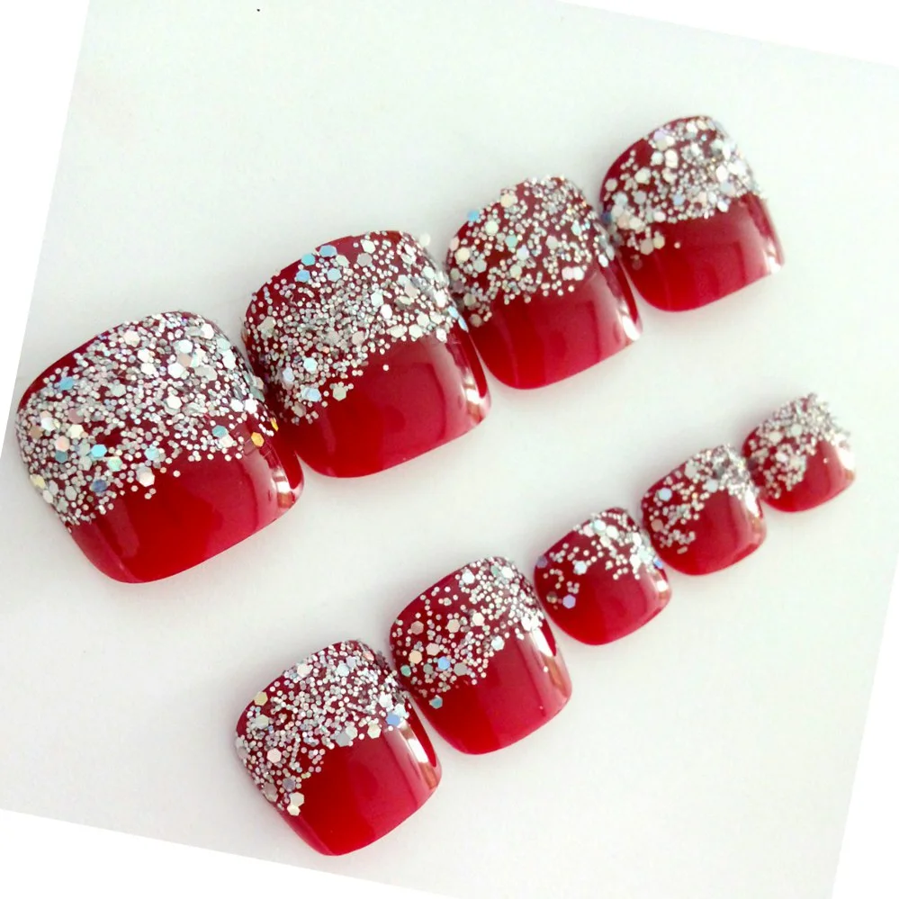 24Pcs Lady Artificial False Toenails Gradient Red Gold Foil Fake Toe Nails With Design DIY Foot Nail Art Tips Manicure Tools-Nail Inspo