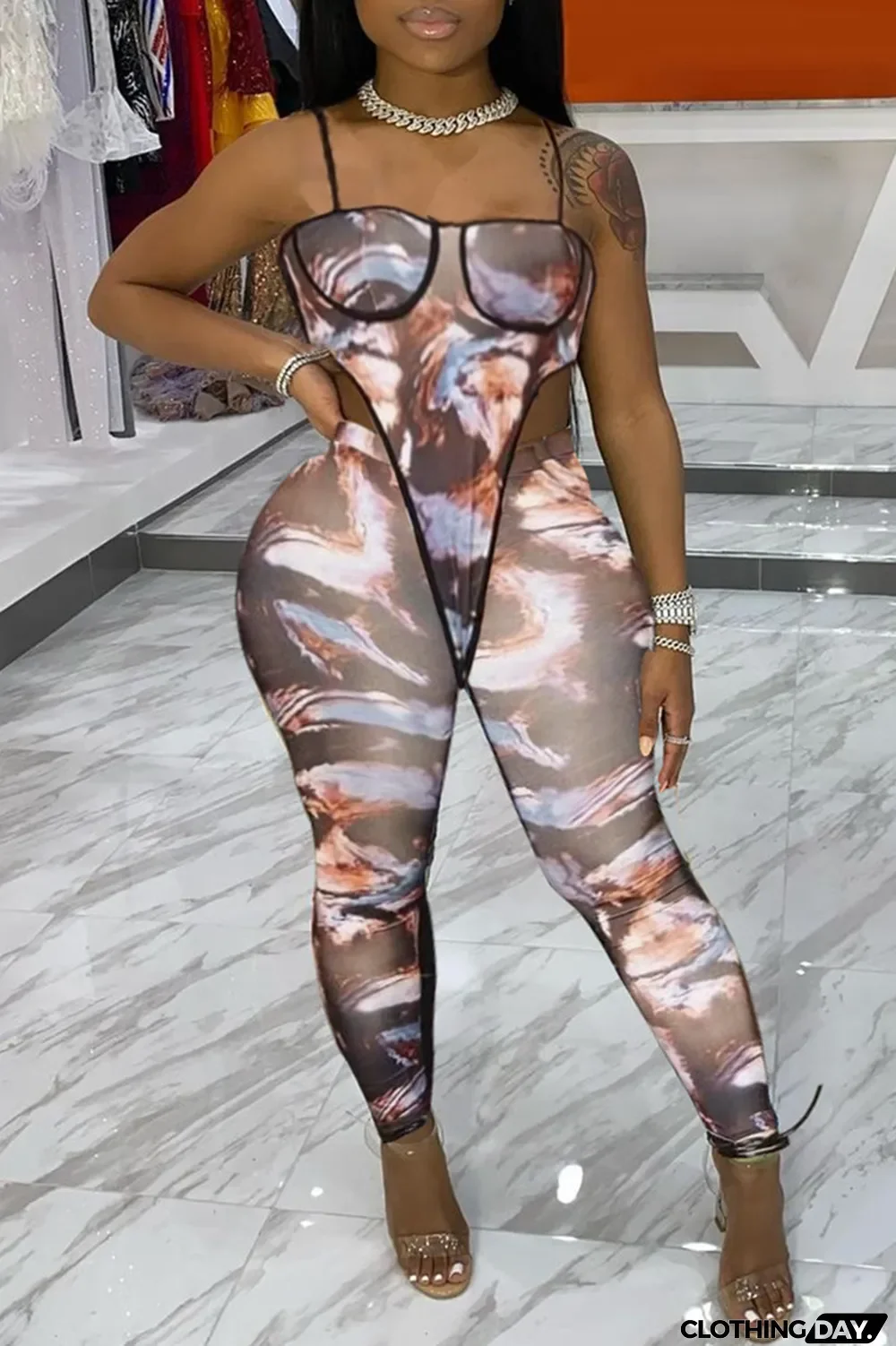 Multi-color Fashion Sexy Print Backless Spaghetti Strap Sleeveless Two Pieces