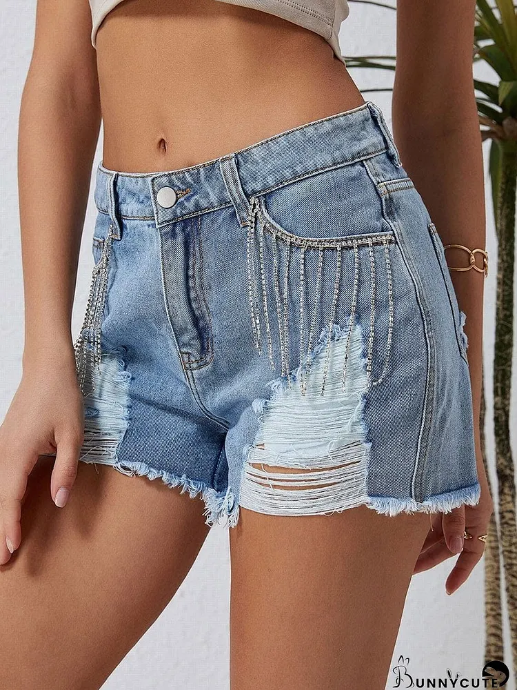 Summery Denim Shorts with Rhinestone Tassels