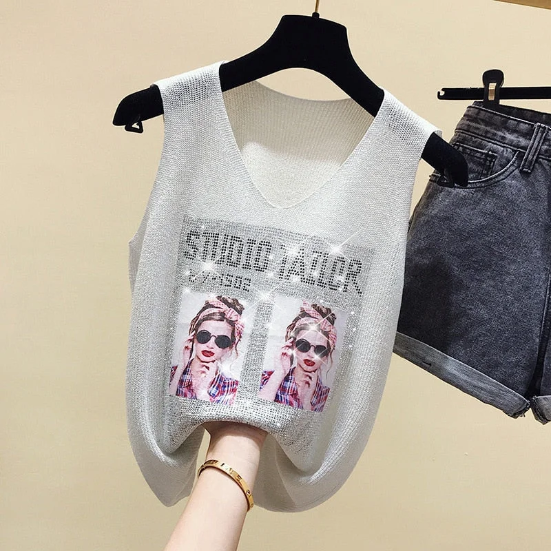 Knitted Vest Tank Top Women Onesize V-neck Streetwear Casual Tank Top Women Summer Thin Bright Silk Sleeveless Vest Outwear Tops